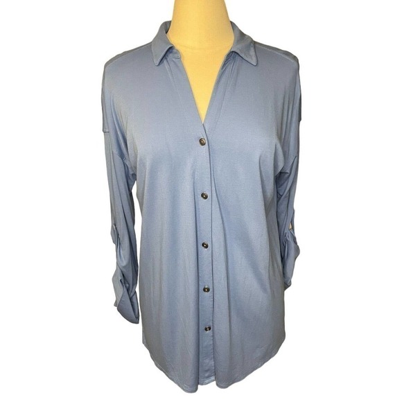 J Jill Button Front Blouse Roll Tab Sleeves Small Blue Collared Long Stretchy - Picture 1 of 9